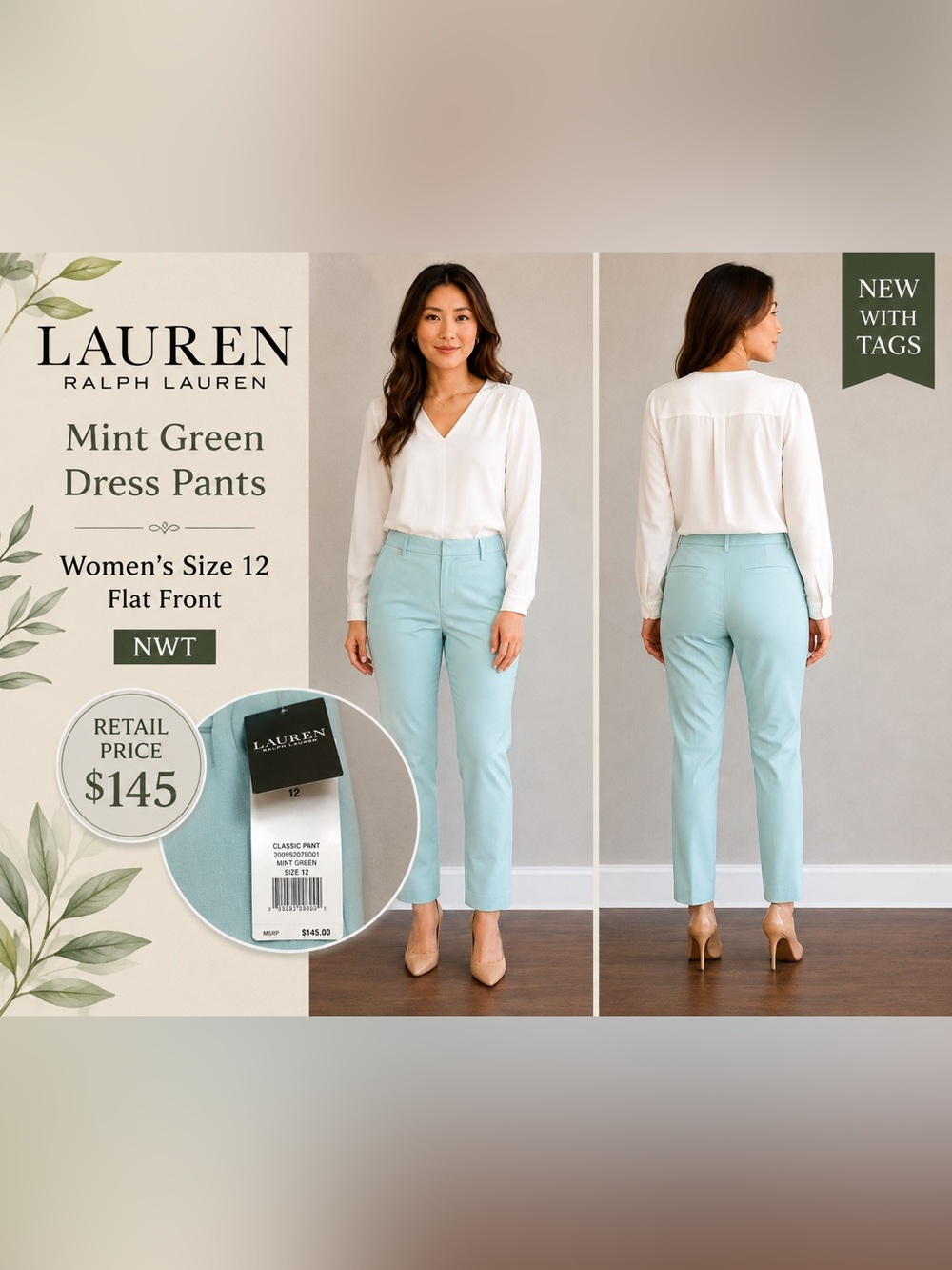 Lauren Ralph Lauren Mint Green Dress Pants Women's NWT Size 12 Flat
Front